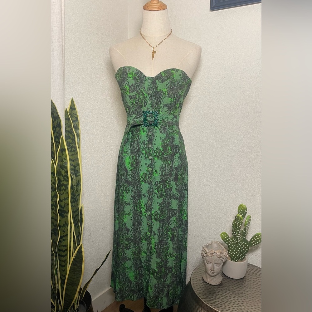 🌵Rotate Birger Christensen Peggy Strapless Snake Print Belted mid Dress Green  4